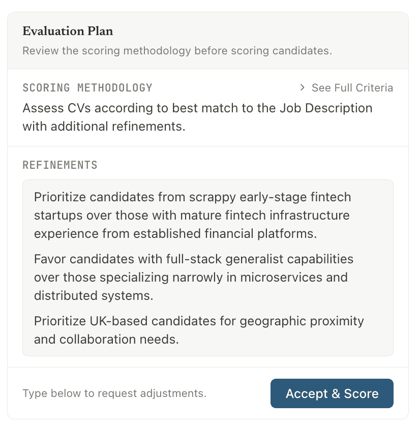 Evaluation plan with natural language refinements for candidate scoring